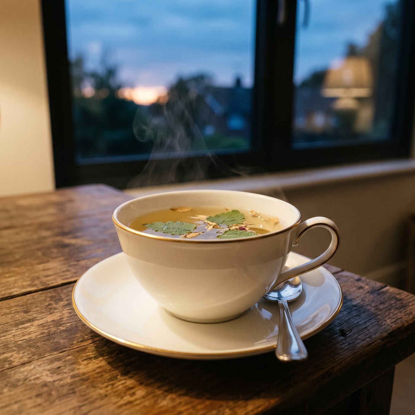 A porcelain teacup of herbal tea with lemon balm leaves on a side table at dusk