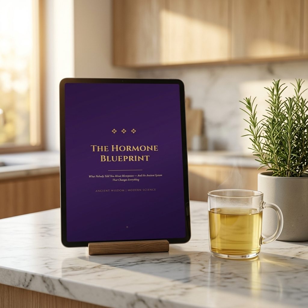 The Hormone Blueprint ebook shown on a tablet in a sunlit kitchen